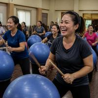 Illustration: women drumming on exercise balls
